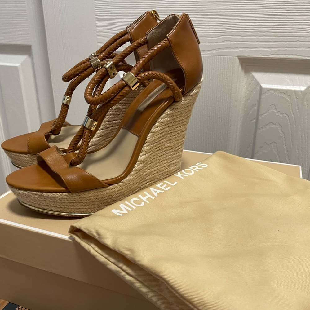 Michael Kors Luggage Leather & Metallic Wedge Sandals